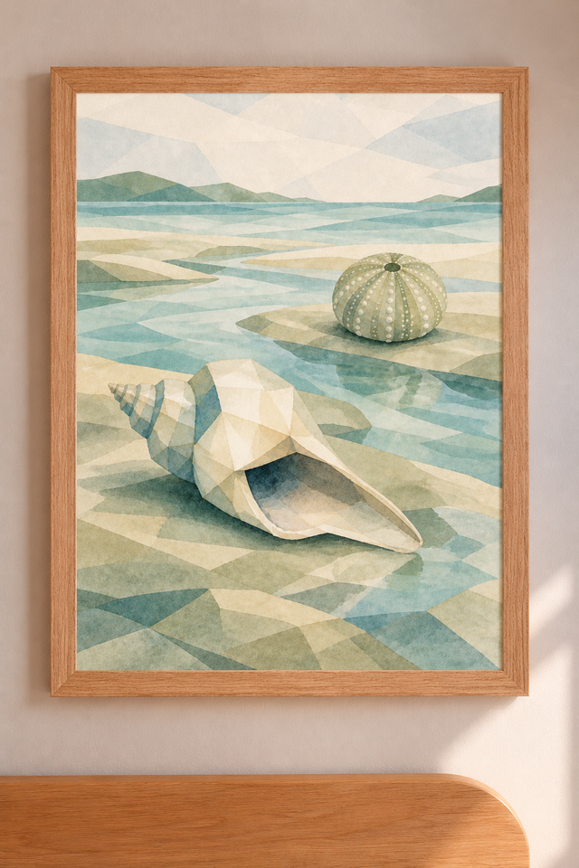 Seaglass Shore Conch and Sea Urchin print in a natural wood frame in the collection room.