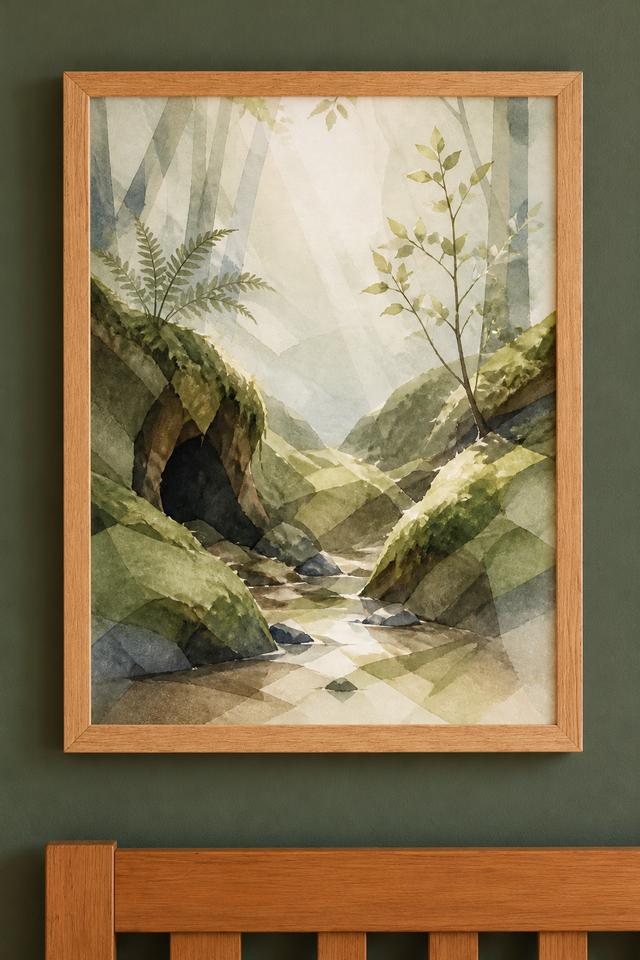 Mosswood Trail Woodland Creek print in a natural wood frame in the collection room.