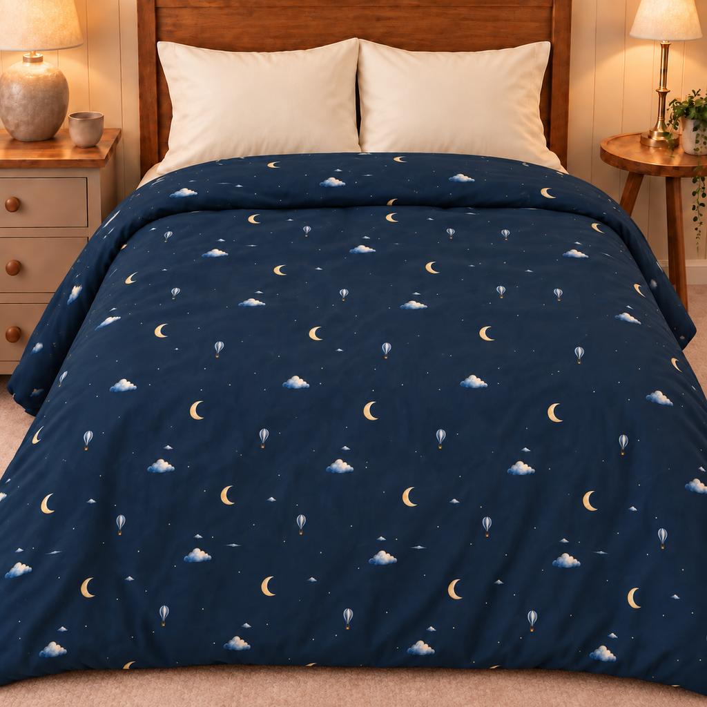 Moonrise Twin duvet cover with printed front on a bed with plain ivory pillows.