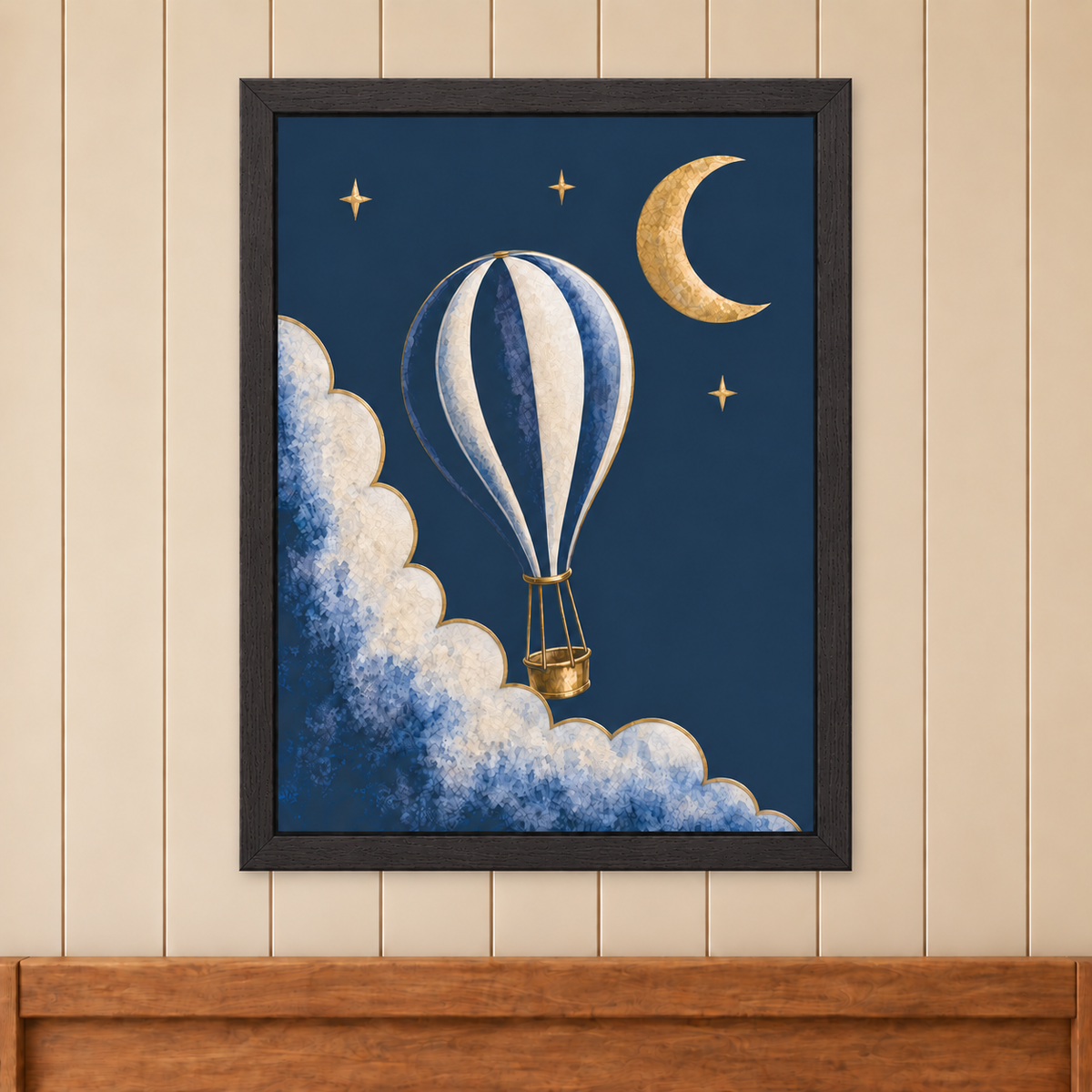 Moonrise The Balloon artwork in a black wooden frame, shown at 30 x 40 cm on a panelled wall.