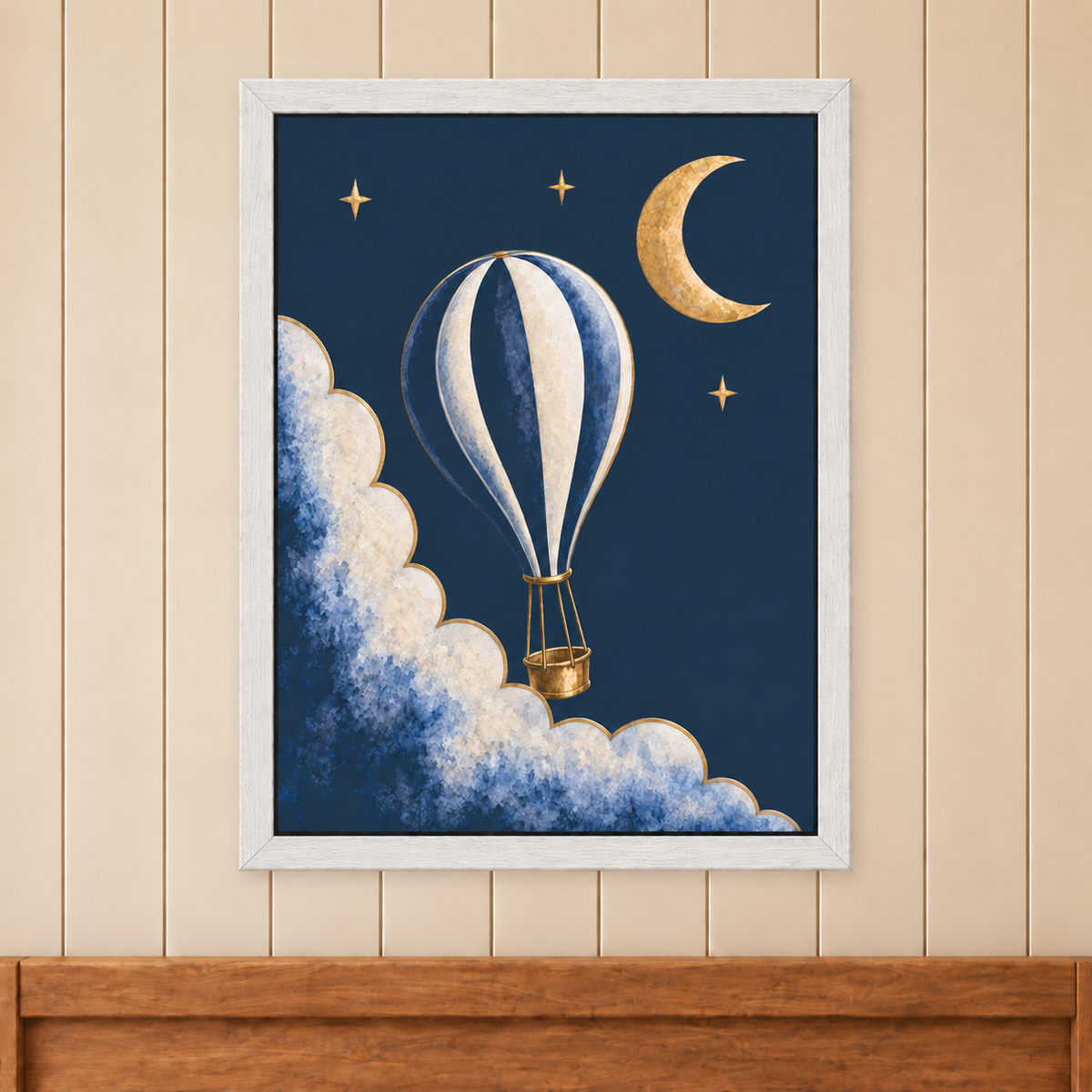 Moonrise The Balloon artwork in a white wooden frame, shown at 30 x 40 cm on a panelled wall.