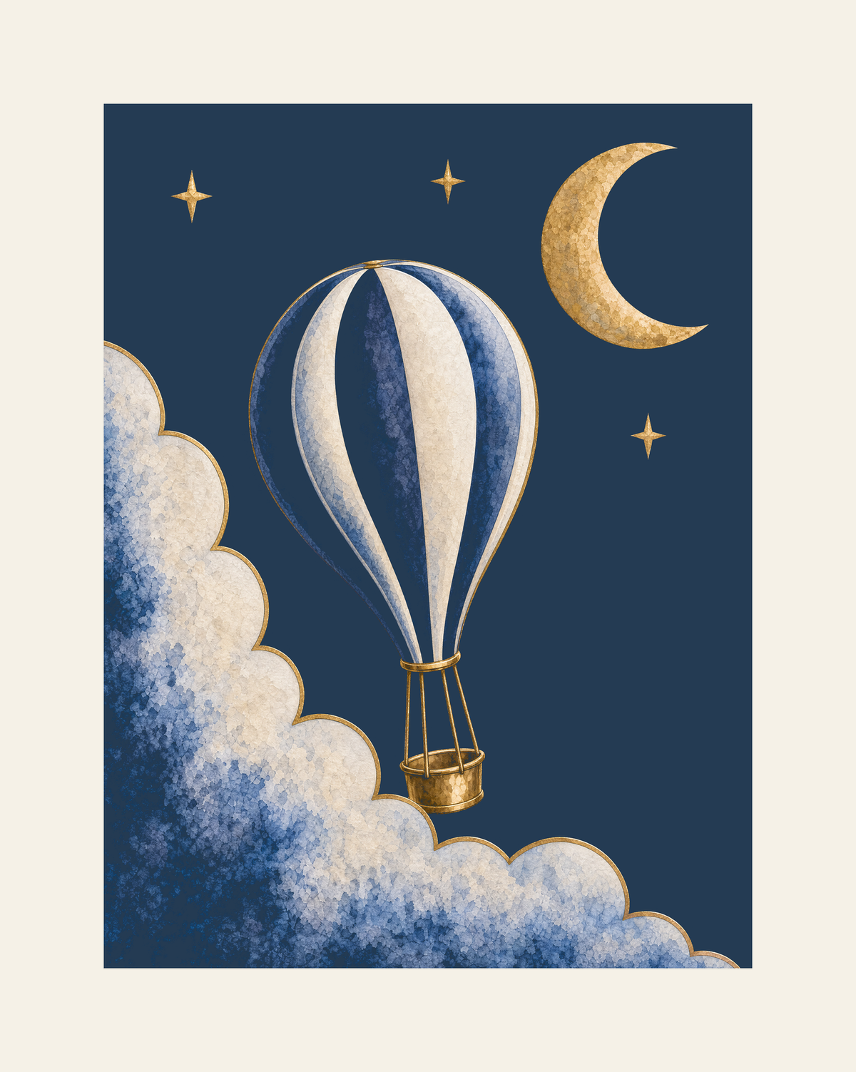 Front-view construction diagram of Moonrise Balloon and Crescent Print, 30 × 40 cm, unframed, on an ivory background.