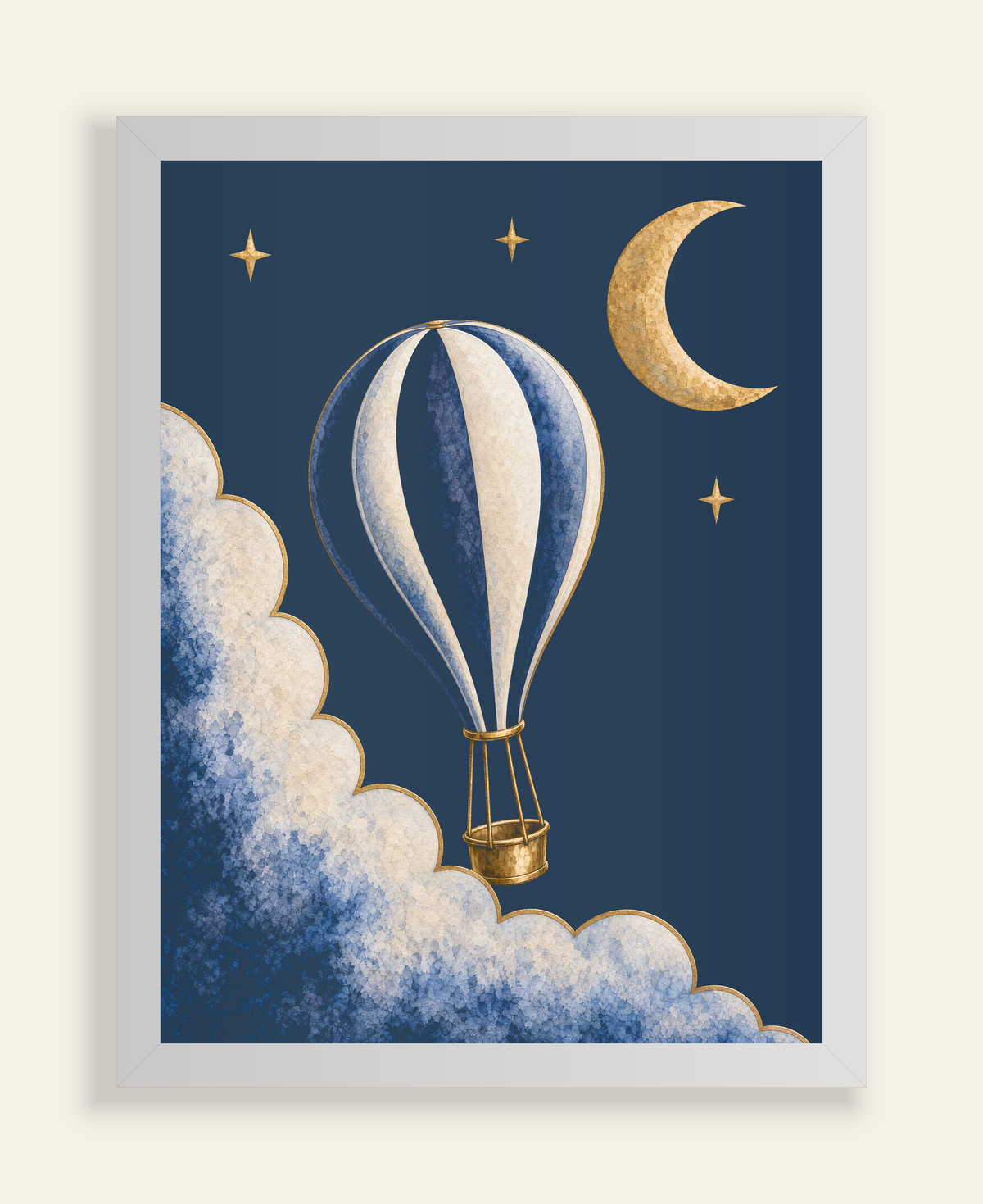 Front-view construction diagram of Moonrise Balloon and Crescent Print, 30 × 40 cm, white frame, on an ivory background.