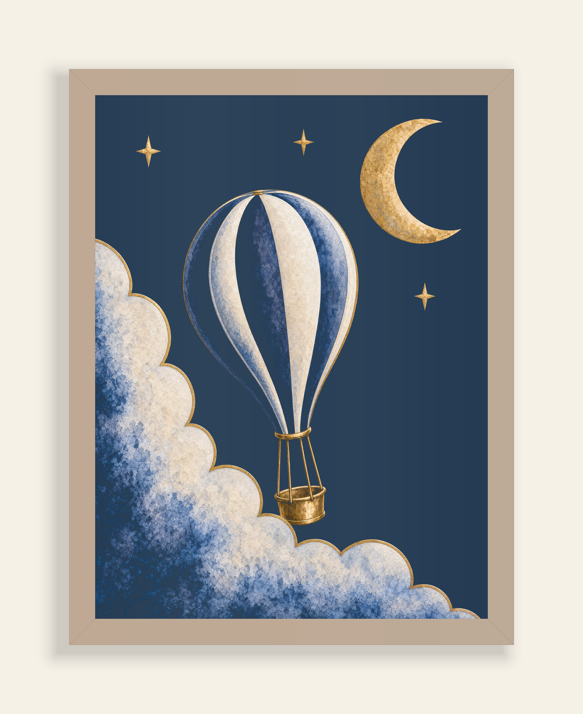 Front-view construction diagram of Moonrise Balloon and Crescent Print, 30 × 40 cm, natural wood frame, on an ivory background.