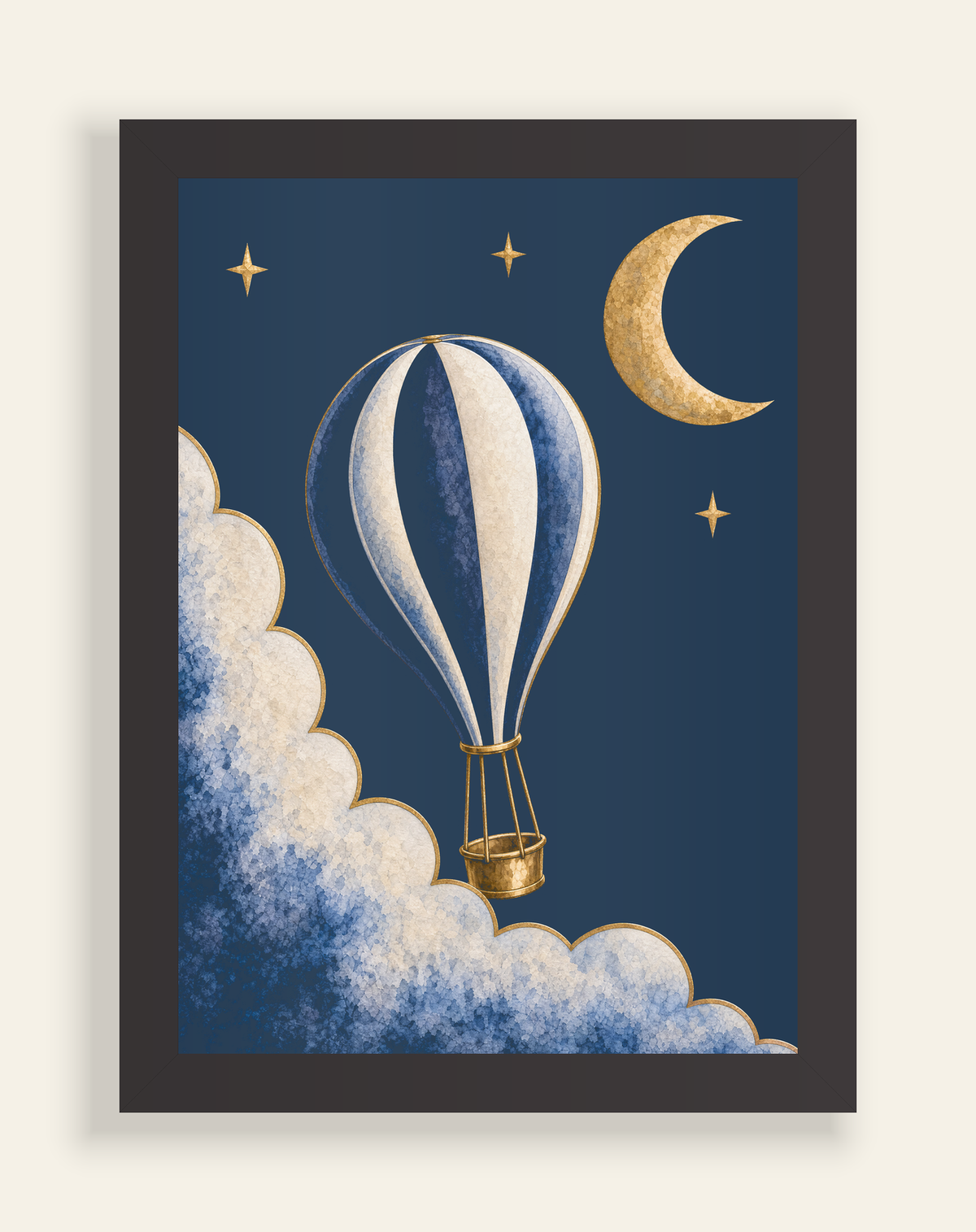 Front-view construction diagram of Moonrise Balloon and Crescent Print, A4, black frame, on an ivory background.