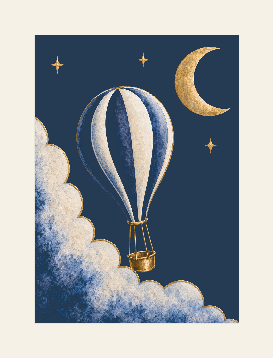 Front-view construction diagram of Moonrise Balloon and Crescent Print, A4, unframed, on an ivory background.