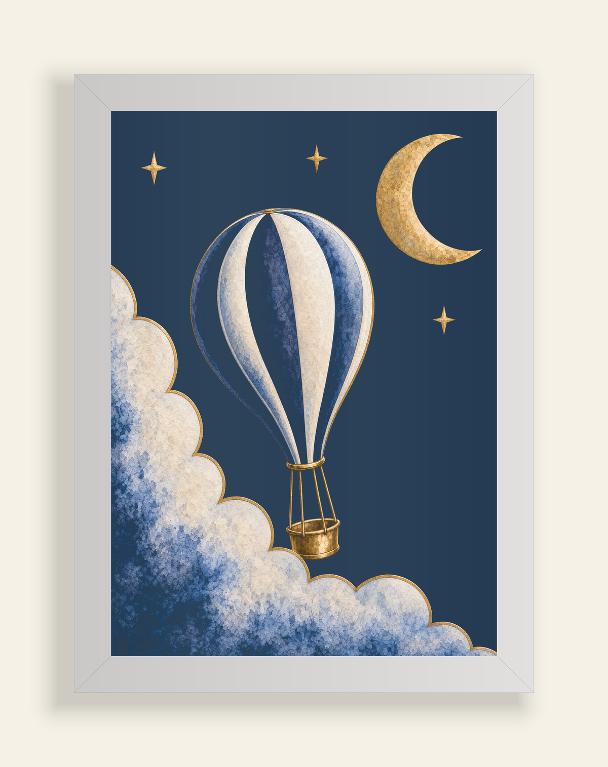 Front-view construction diagram of Moonrise Balloon and Crescent Print, A4, white frame, on an ivory background.
