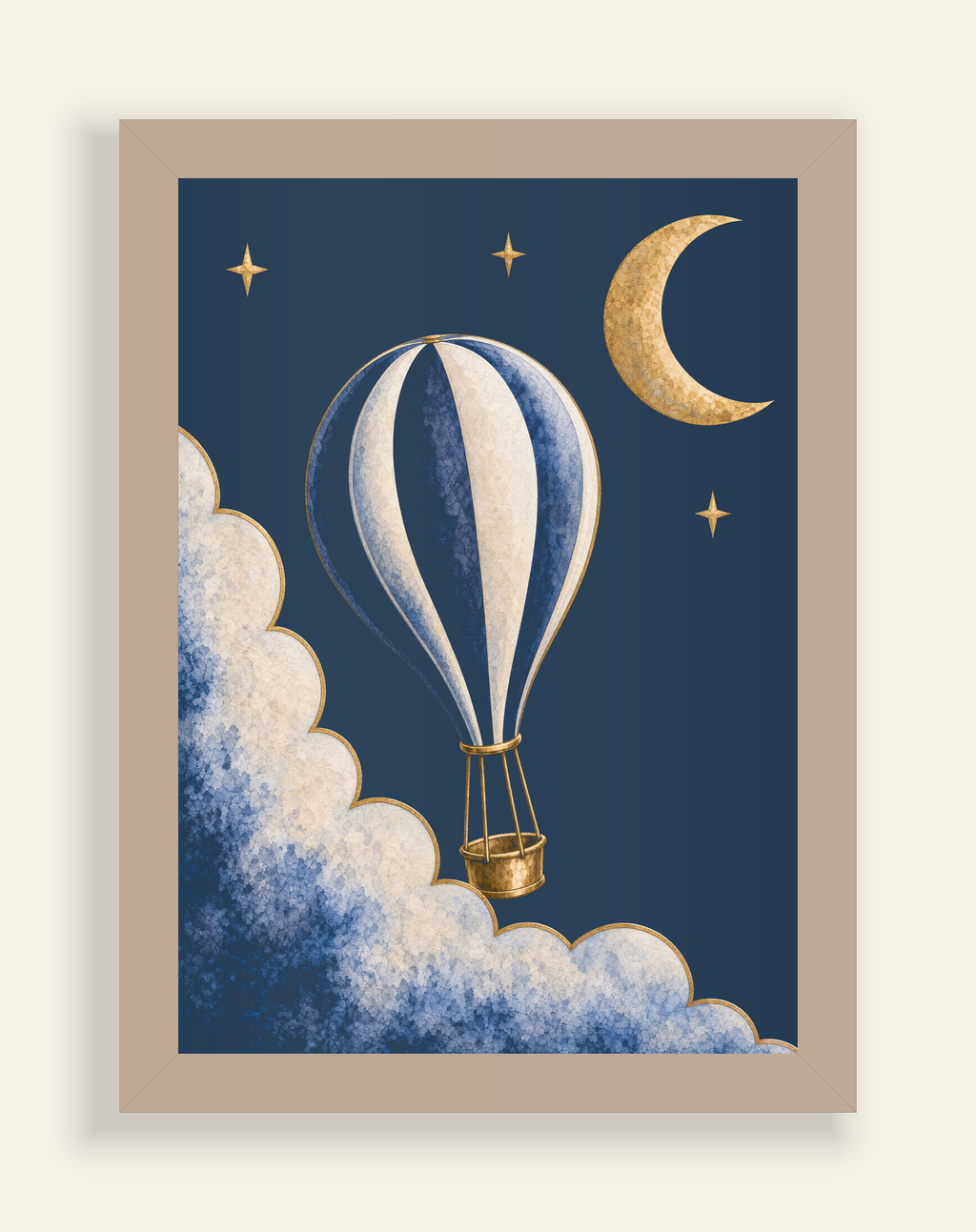 Front-view construction diagram of Moonrise Balloon and Crescent Print, A4, natural wood frame, on an ivory background.