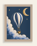 Front-view construction diagram of Moonrise Balloon and Crescent Print, A4, natural wood frame, on an ivory background.