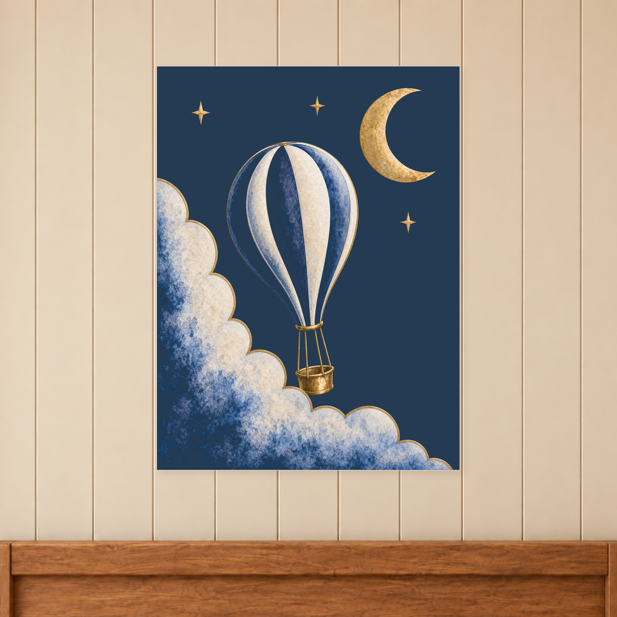 Moonrise Balloon and Crescent Print shown unframed above a timber bed headboard on a cream panelled wall.