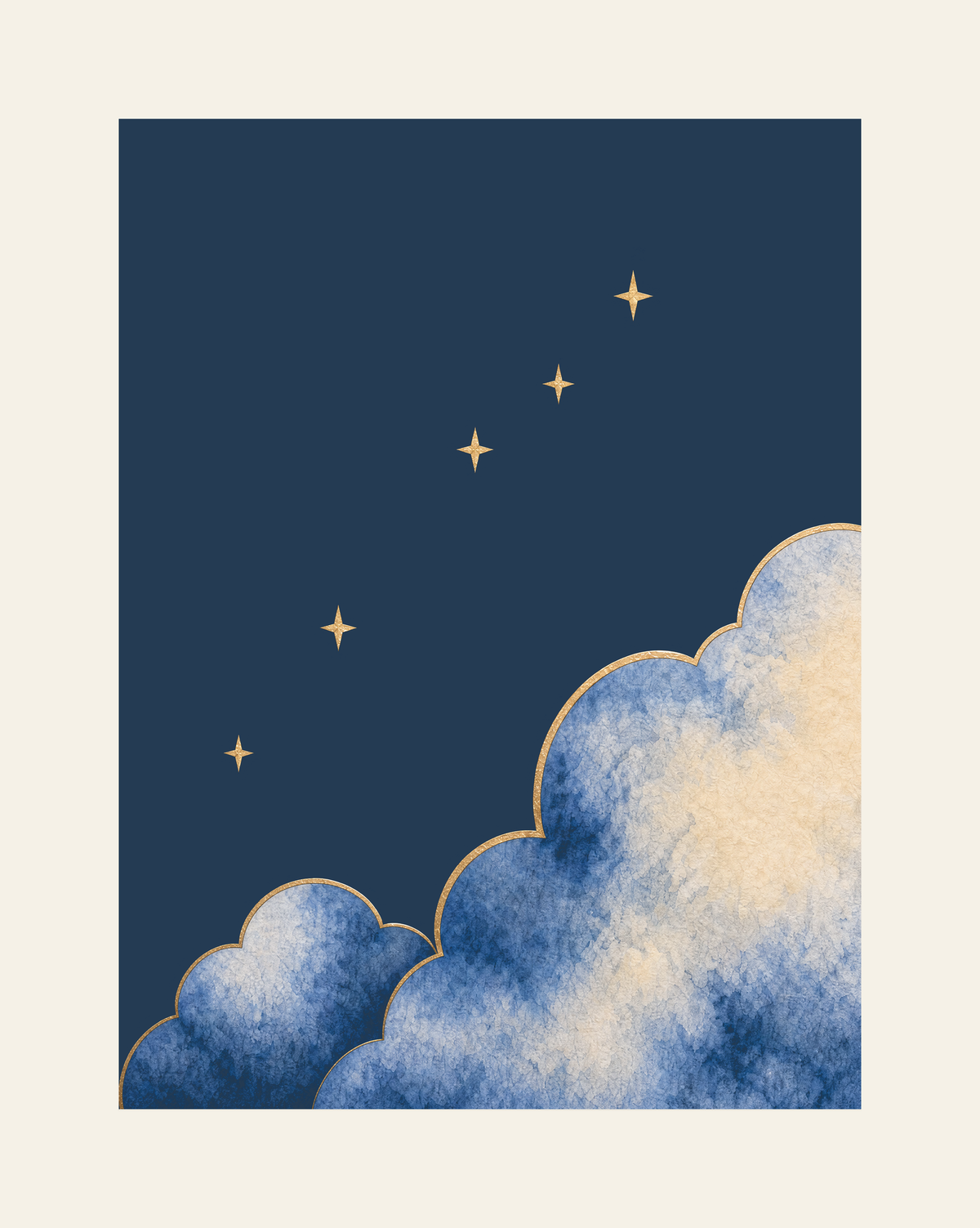 Front-view construction diagram of Moonrise Clouds and Stars Print, 30 × 40 cm, unframed, on an ivory background.