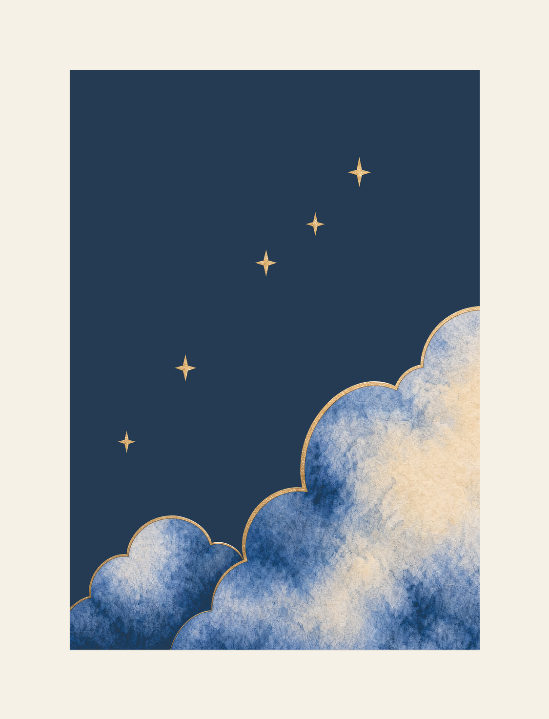 Front-view construction diagram of Moonrise Clouds and Stars Print, A4, unframed, on an ivory background.