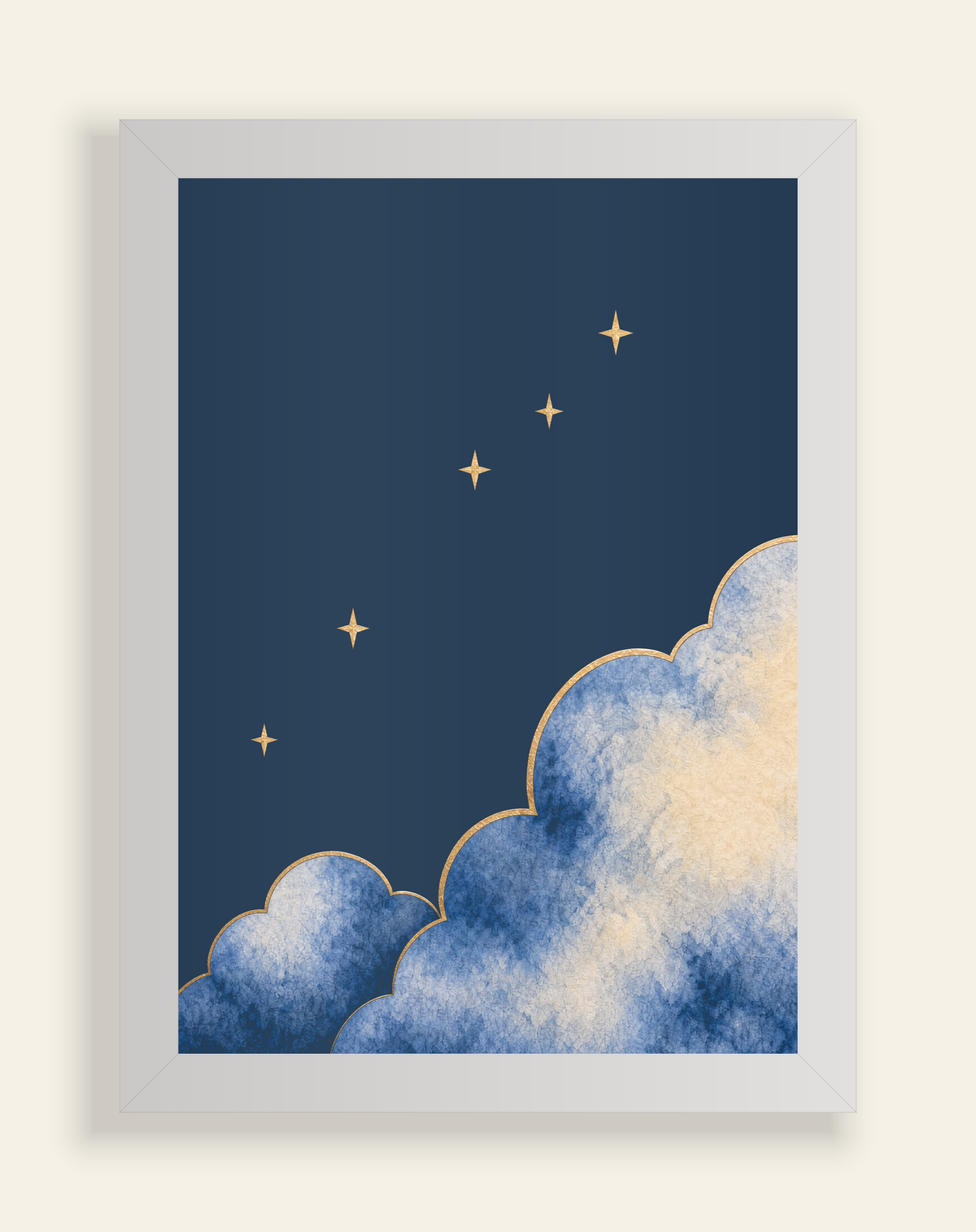 Front-view construction diagram of Moonrise Clouds and Stars Print, A4, white frame, on an ivory background.