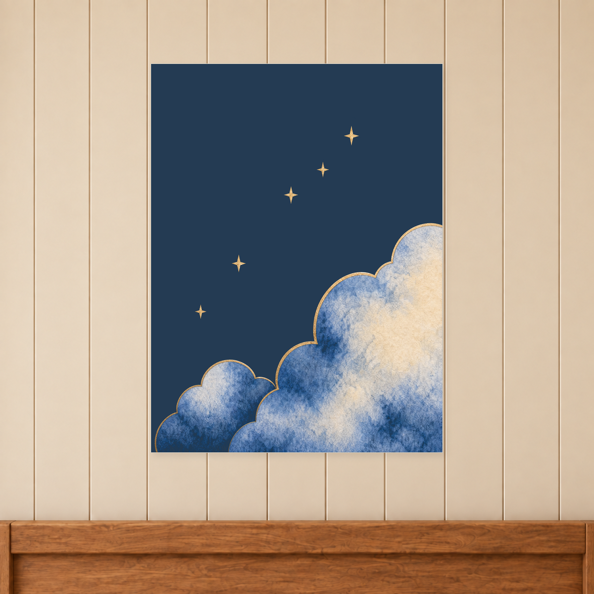 Moonrise Clouds and Stars Print shown unframed above a timber bed headboard on a cream panelled wall.