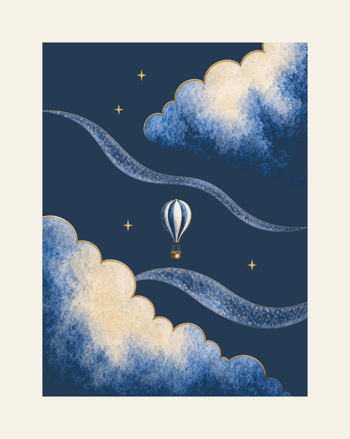 Front-view construction diagram of Moonrise Balloon and Clouds Print, 30 × 40 cm, unframed, on an ivory background.