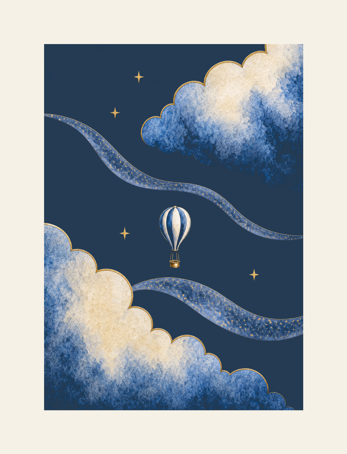 Front-view construction diagram of Moonrise Balloon and Clouds Print, A4, unframed, on an ivory background.