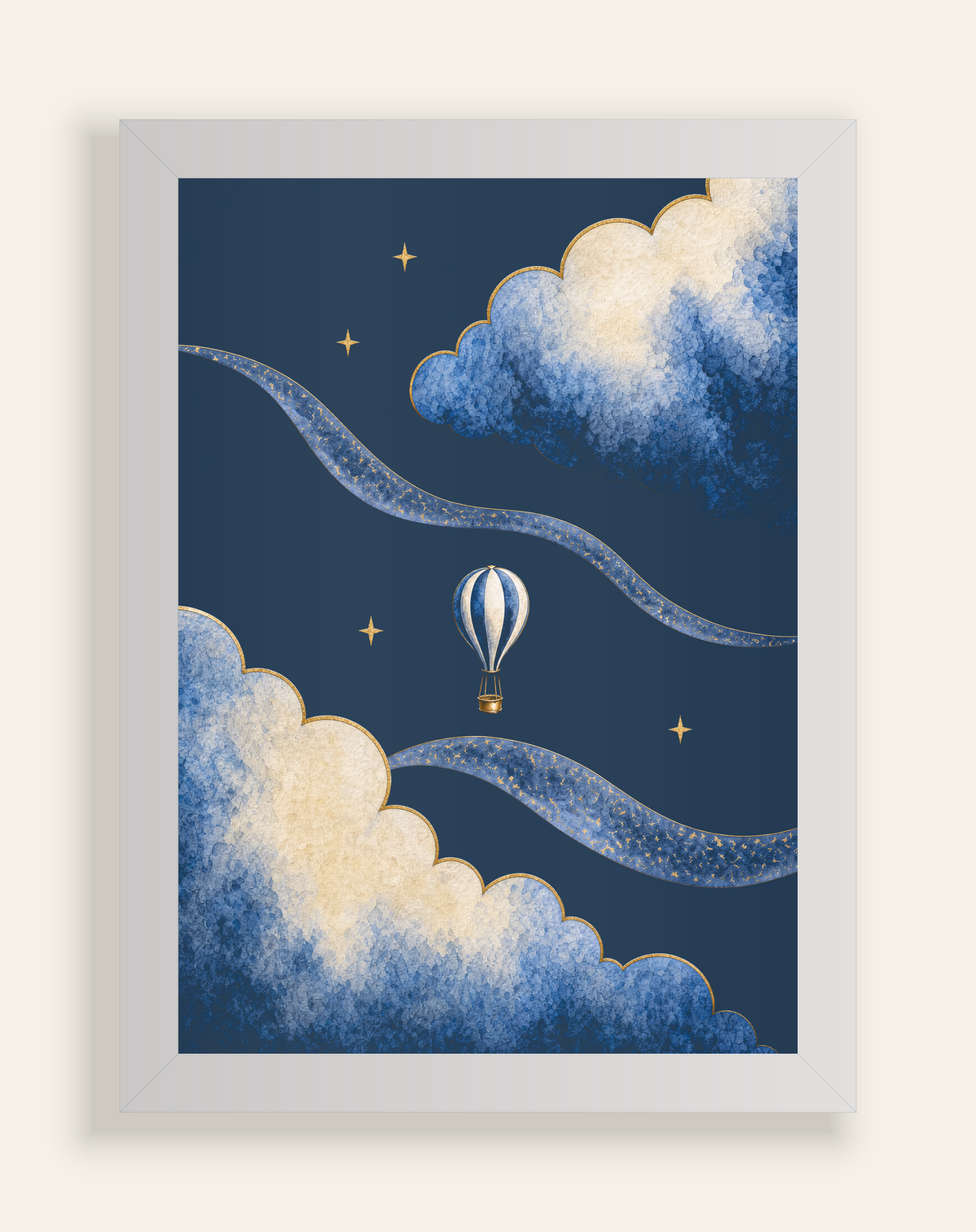 Front-view construction diagram of Moonrise Balloon and Clouds Print, A4, white frame, on an ivory background.