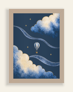Front-view construction diagram of Moonrise Balloon and Clouds Print, A4, natural wood frame, on an ivory background.