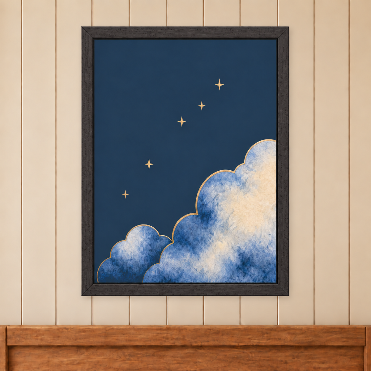 Moonrise The Night Sky artwork in a black wooden frame, shown at 30 x 40 cm on a panelled wall.