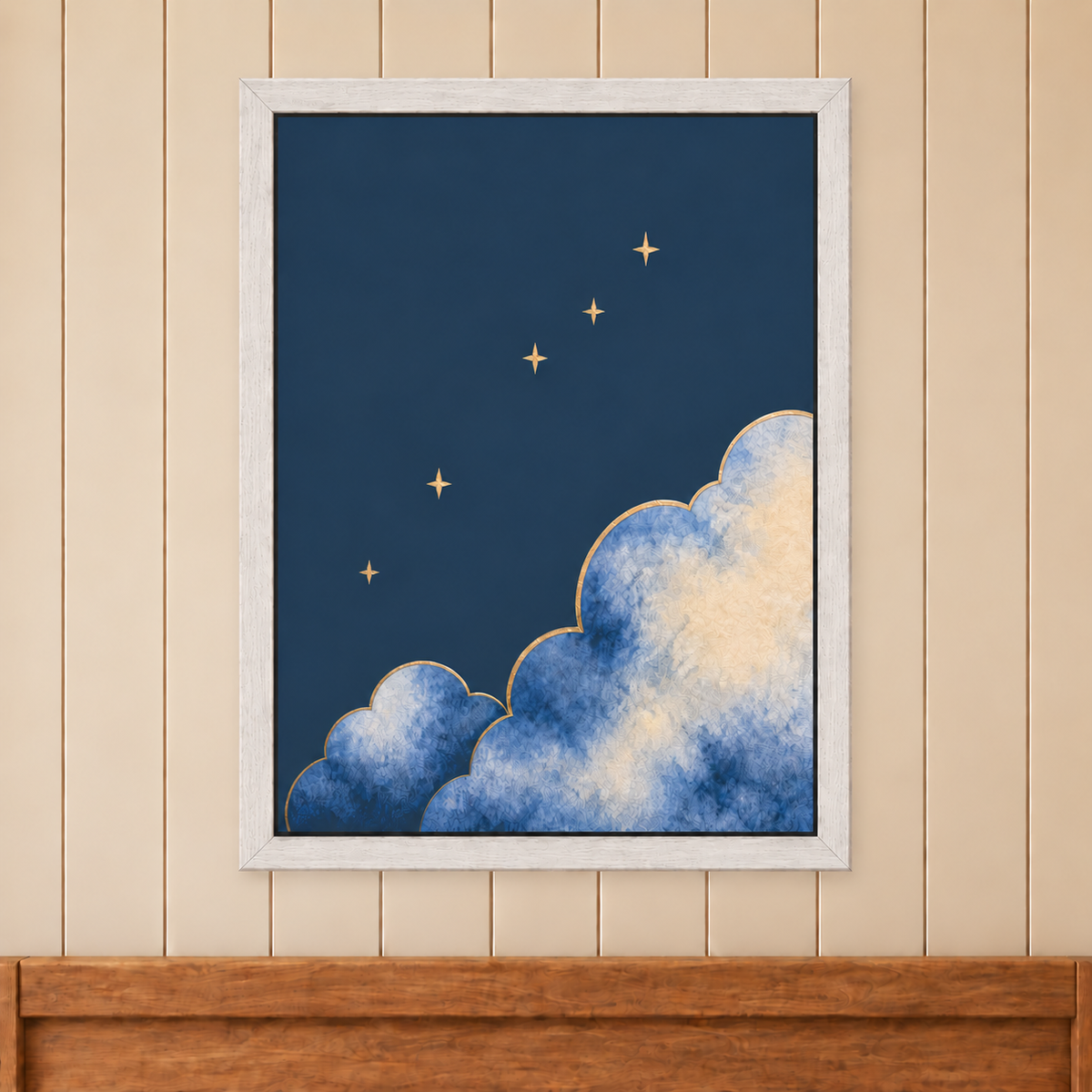 Moonrise The Night Sky artwork in a white wooden frame, shown at 30 x 40 cm on a panelled wall.