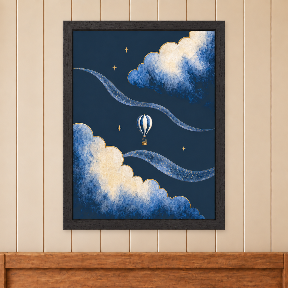Moonrise The Journey artwork in a black wooden frame, shown at 30 x 40 cm on a panelled wall.