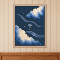 Moonrise Balloon and Clouds Print in a natural wood frame above a timber bed headboard on a cream panelled wall.