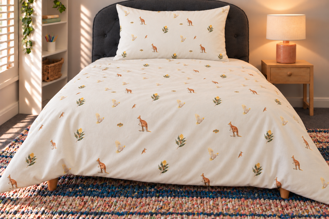 Bush Picnic duvet cover in the existing room, with its ivory wildlife print unobscured; coordinated pillowcase shown separately.