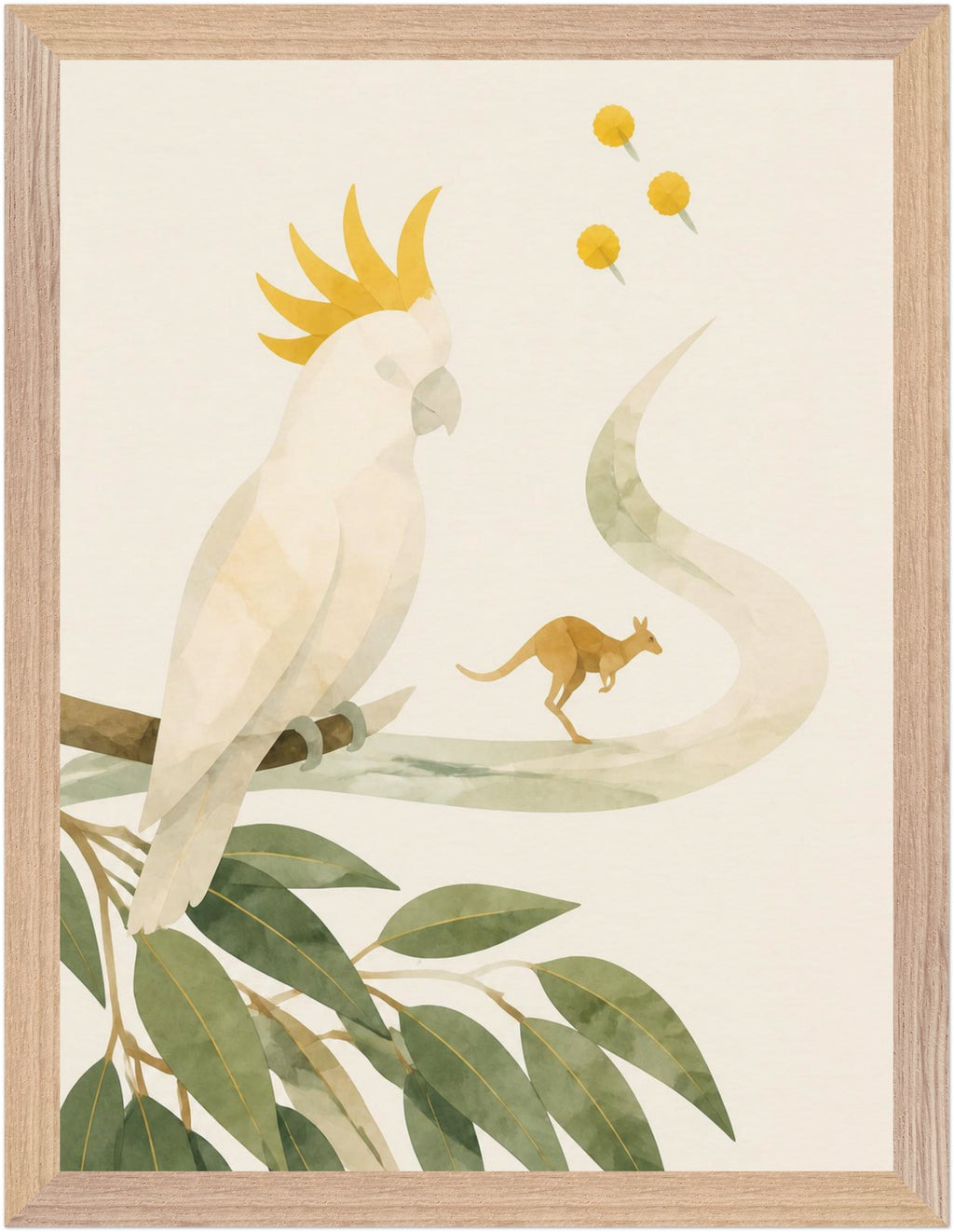 Bush Picnic Cockatoo and Kangaroo, Size: 30 × 40 cm, Frame colour: Wood; supplier product preview.