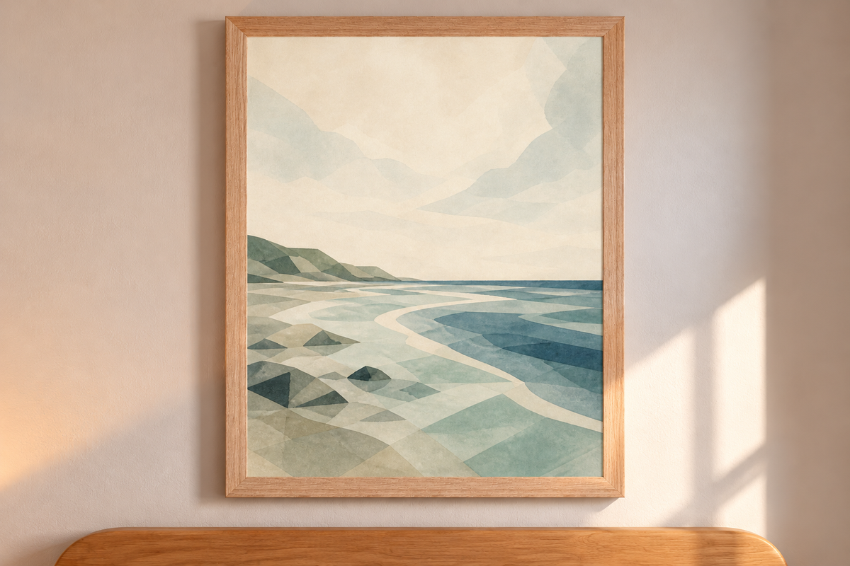 Seaglass Shore Rocky Shore print in a natural wood frame in the collection room.