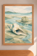 Seaglass Shore Conch and Sea Urchin print in a natural wood frame in the collection room.