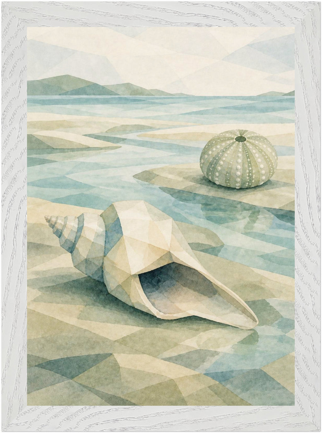 Seaglass Shore Conch and Sea Urchin, Size: A4, Frame colour: White; supplier product preview.