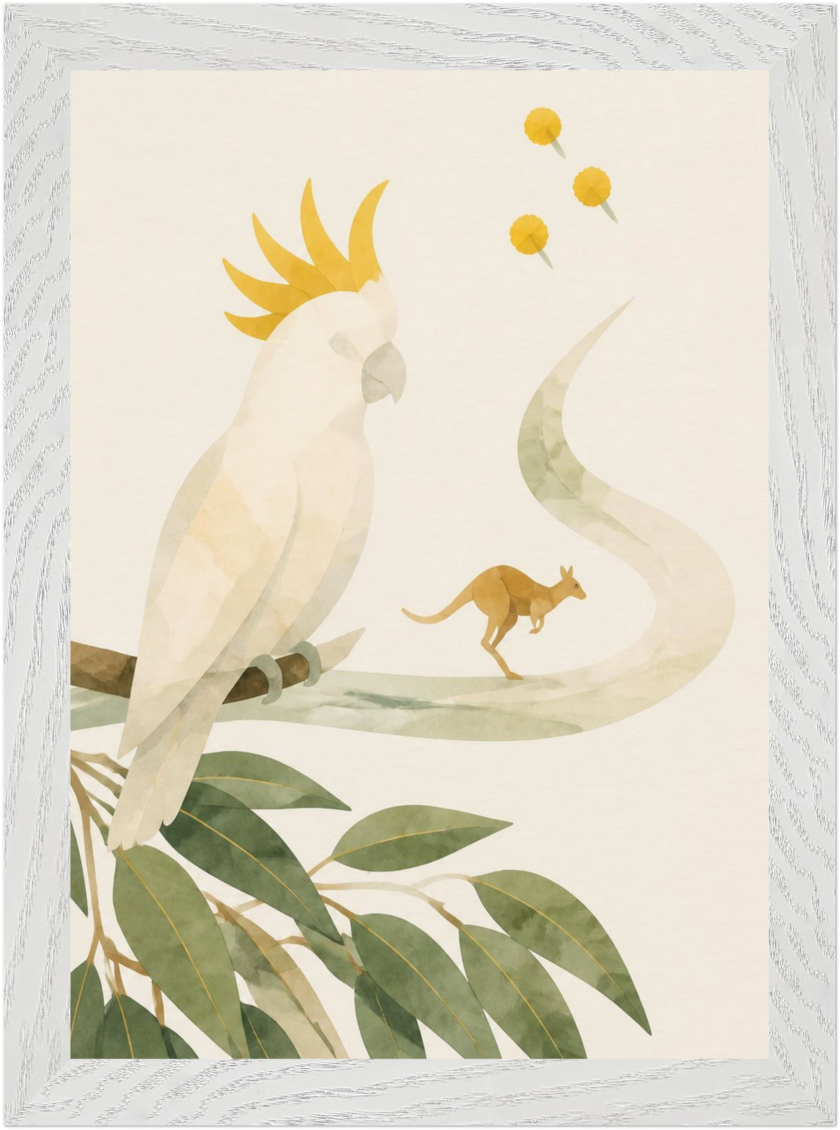 Bush Picnic Cockatoo and Kangaroo, Size: A4, Frame colour: White; supplier product preview.