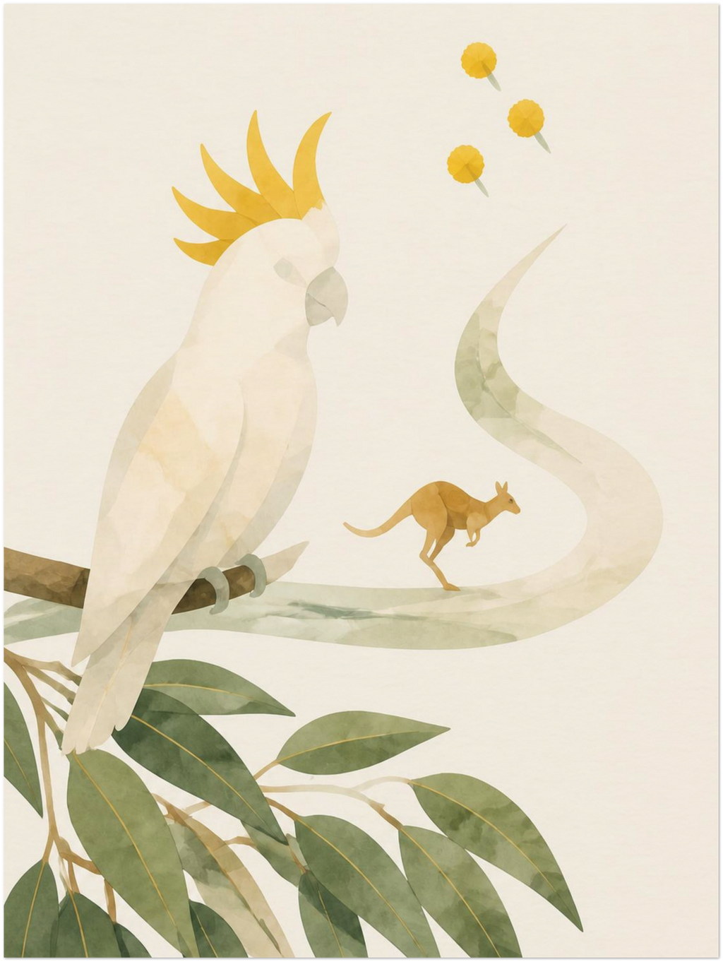 Bush Picnic Cockatoo and Kangaroo print without a frame, shown in the 30 × 40 cm artwork preview.