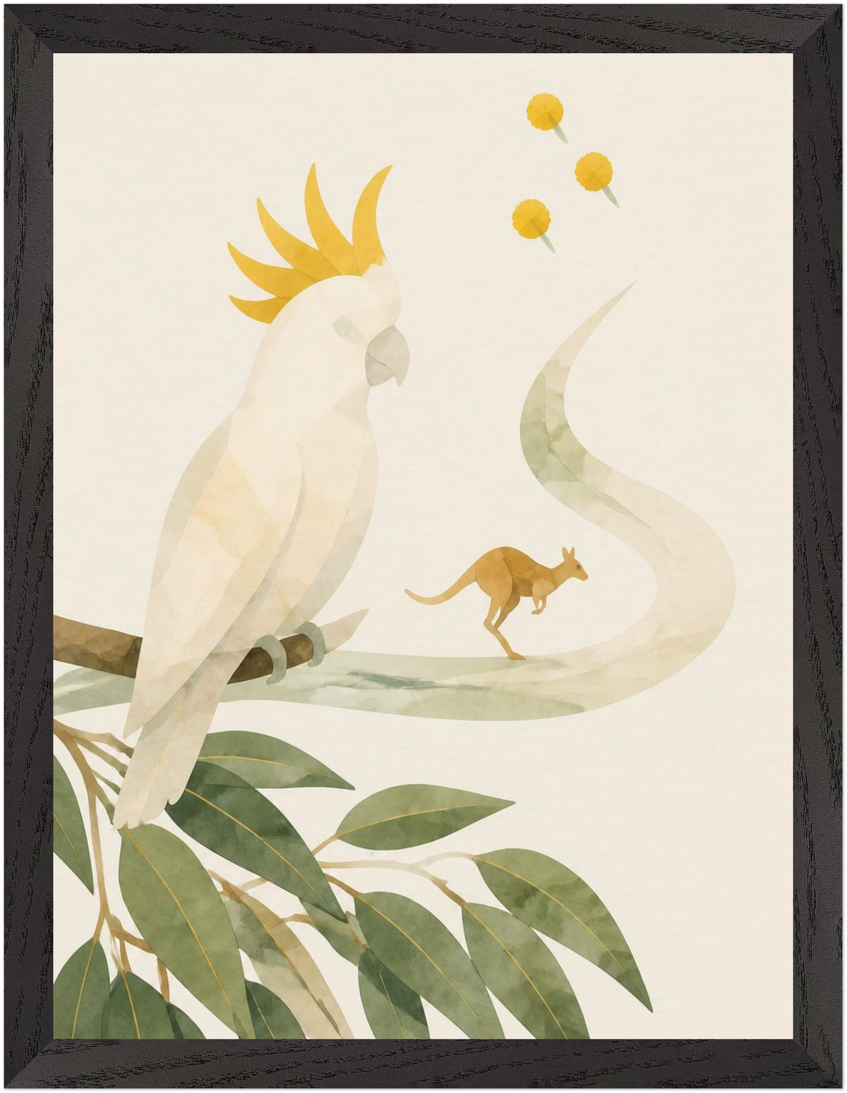 Bush Picnic Cockatoo and Kangaroo, Size: 30 × 40 cm, Frame colour: Black; supplier product preview.