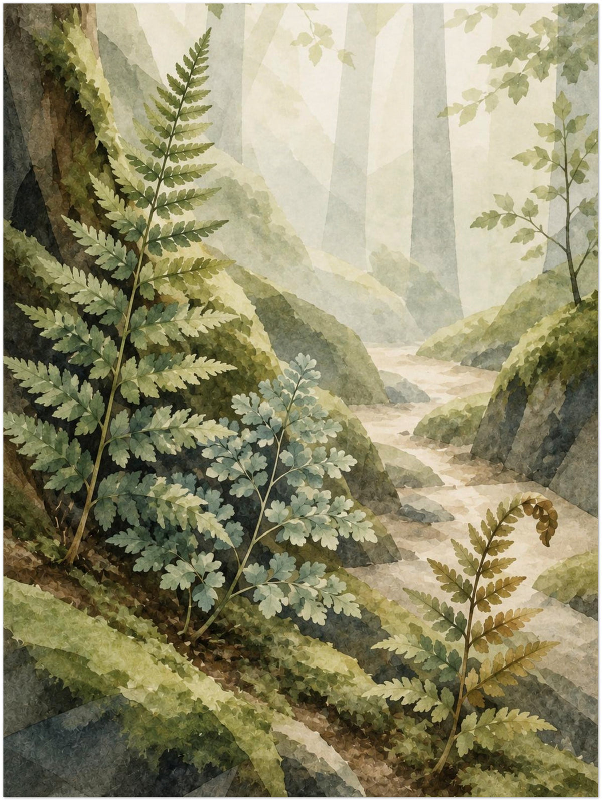 Mosswood Trail Fern by the Stream print without a frame, shown in the 30 × 40 cm artwork preview.