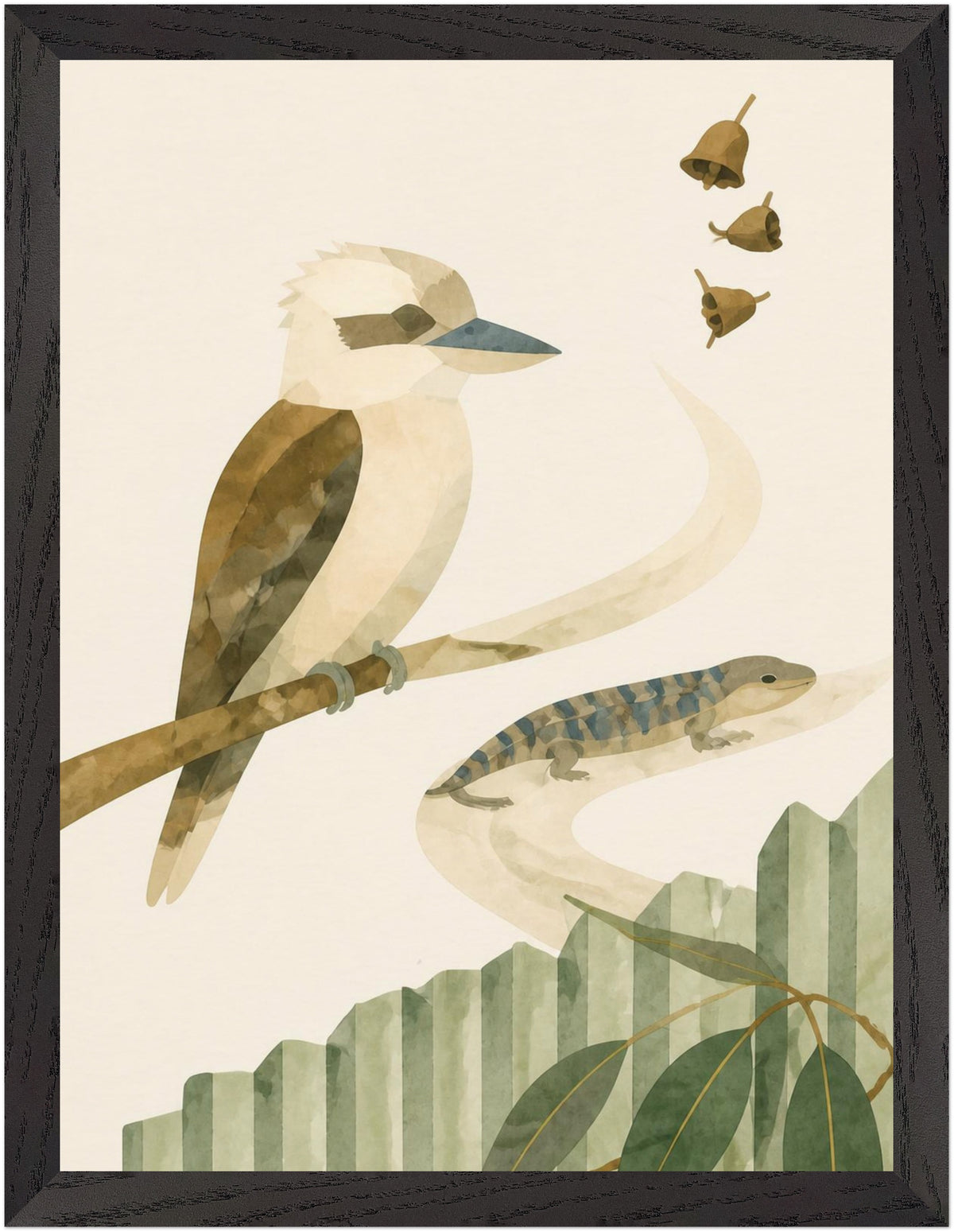 Bush Picnic Kookaburra and Skink, Size: 30 × 40 cm, Frame colour: Black; supplier product preview.
