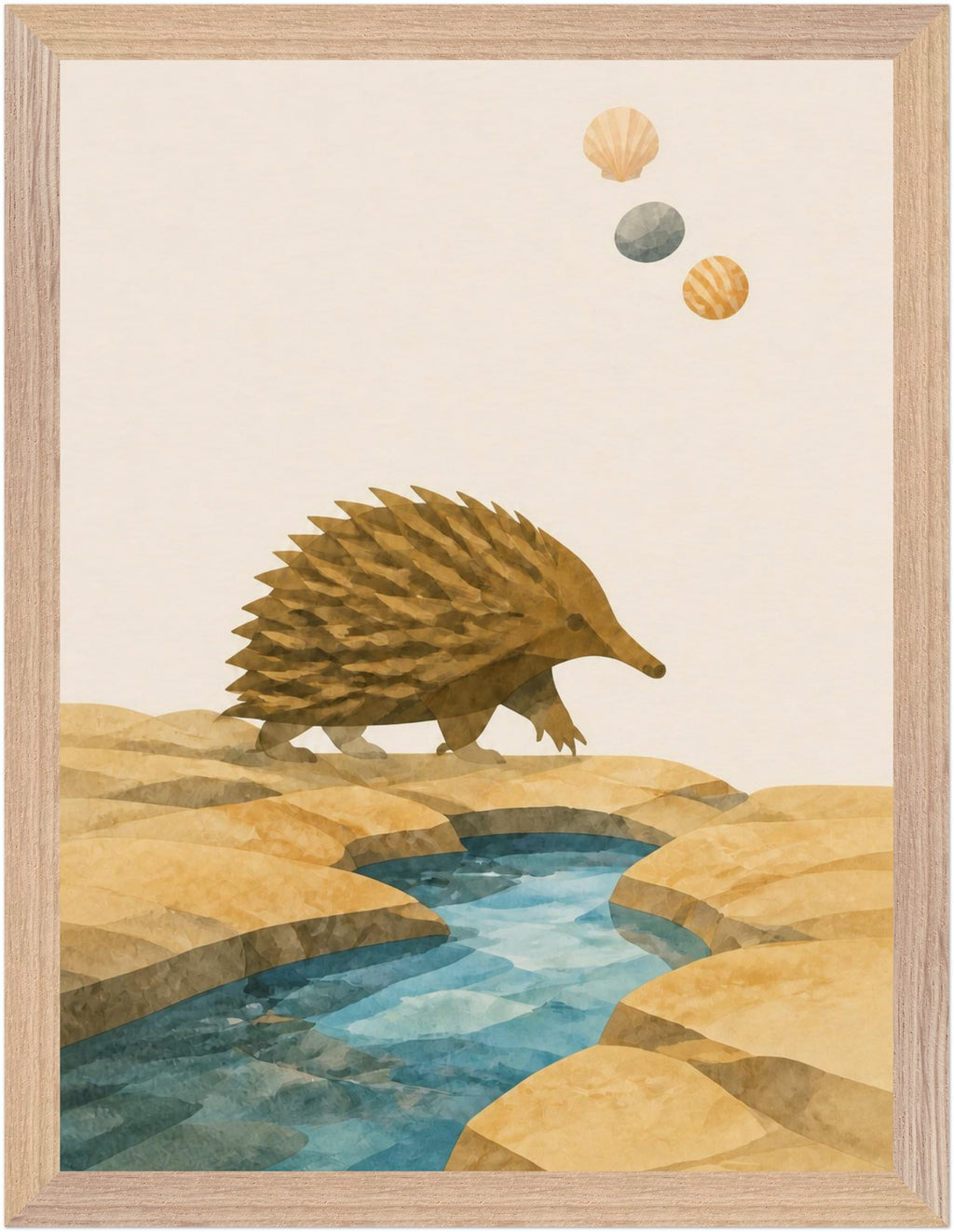 Bush Picnic Echidna by the Stream, Size: 30 × 40 cm, Frame colour: Wood; supplier product preview.