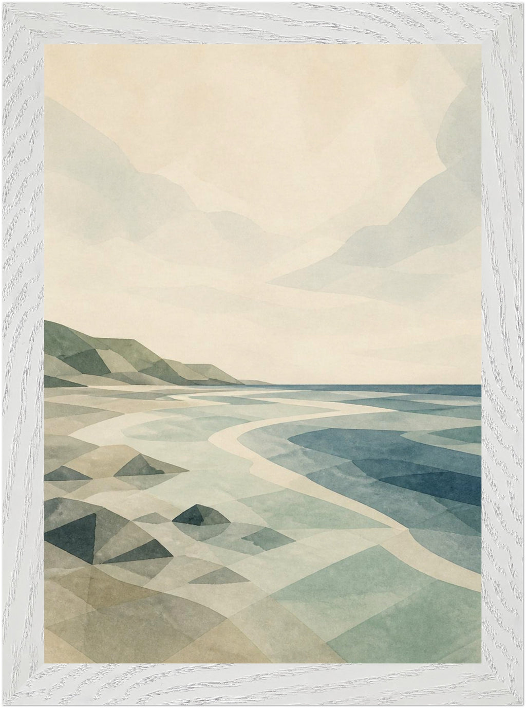 Seaglass Shore Rocky Shore, Size: A4, Frame colour: White; supplier product preview.