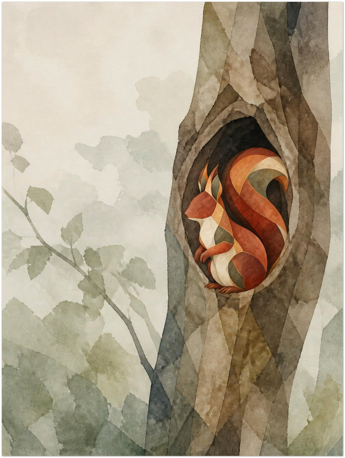 Mosswood Trail Squirrel at the Hollow print without a frame, shown in the 30 × 40 cm artwork preview.