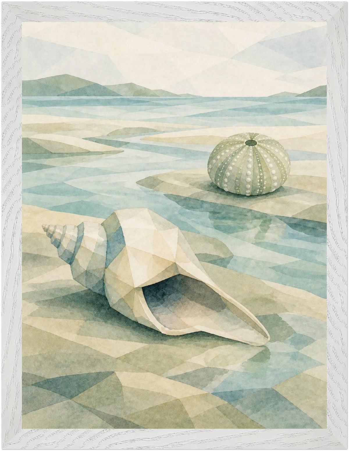 Seaglass Shore Conch and Sea Urchin, Size: 30 × 40 cm, Frame colour: White; supplier product preview.