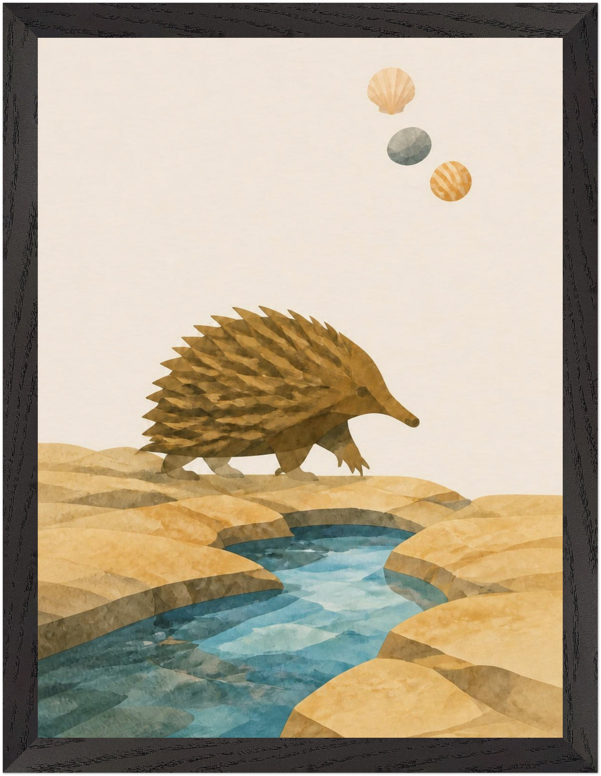 Bush Picnic Echidna by the Stream, Size: 30 × 40 cm, Frame colour: Black; supplier product preview.