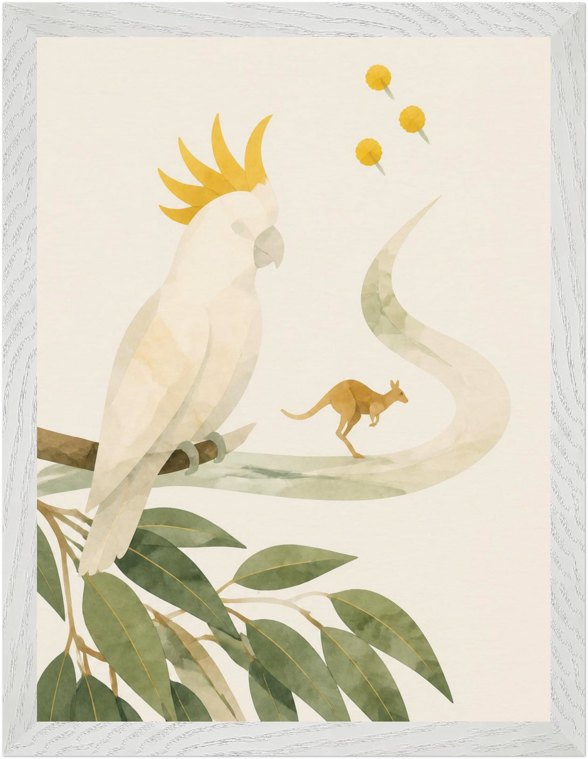 Bush Picnic Cockatoo and Kangaroo, Size: 30 × 40 cm, Frame colour: White; supplier product preview.