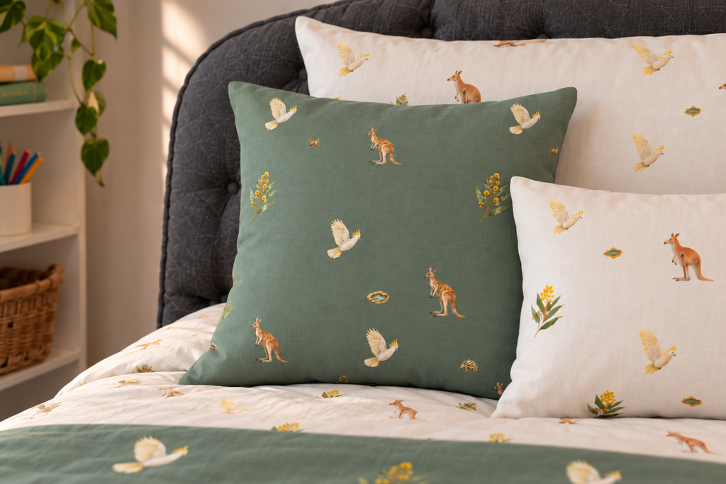 Bush Picnic Filled Square Cushion, product view in the collection room.