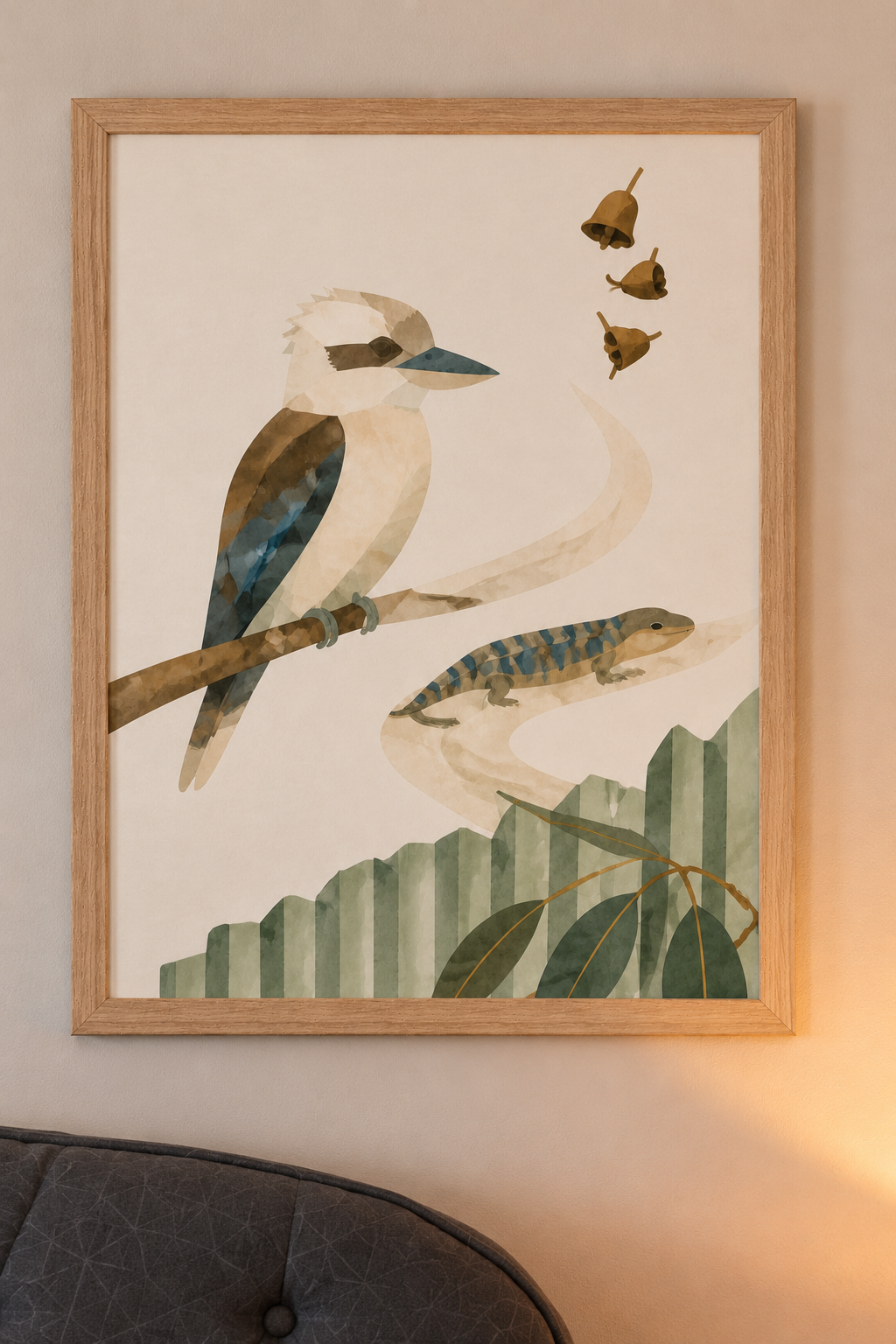 Bush Picnic Kookaburra and Skink print in a natural wood frame in the collection room.