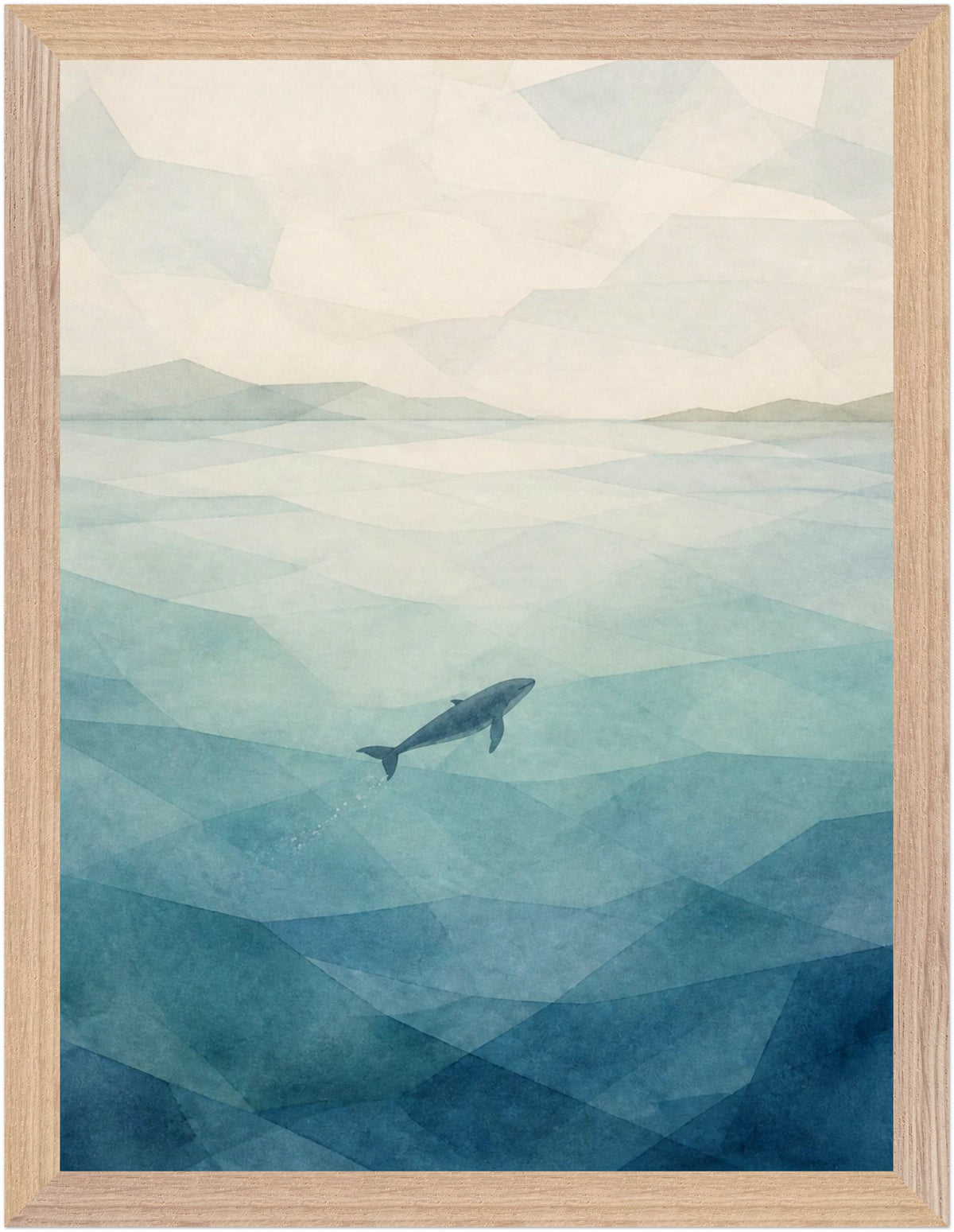Seaglass Shore Whale in Blue Water, Size: 30 × 40 cm, Frame colour: Wood; supplier product preview.