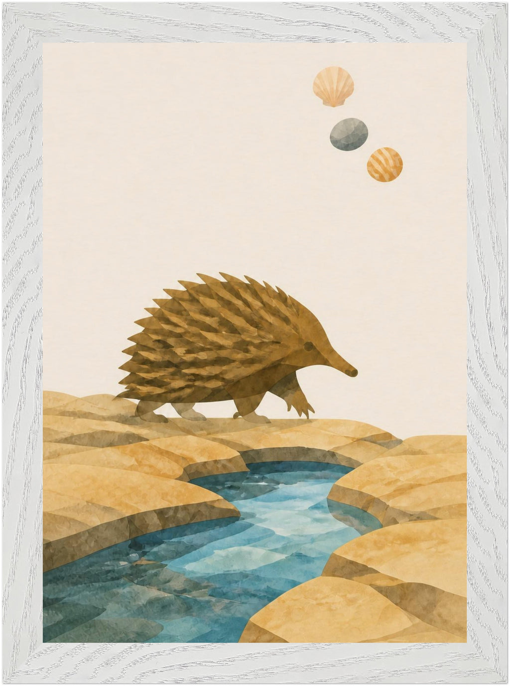 Bush Picnic Echidna by the Stream, Size: A4, Frame colour: White; supplier product preview.