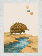 Bush Picnic Echidna by the Stream, Size: A4, Frame colour: White; supplier product preview.