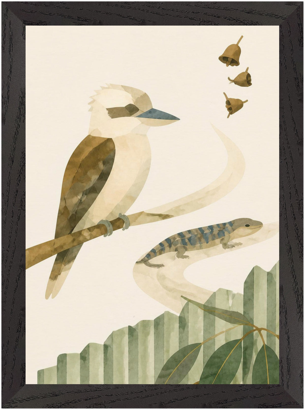 Bush Picnic Kookaburra and Skink, Size: A4, Frame colour: Black; supplier product preview.