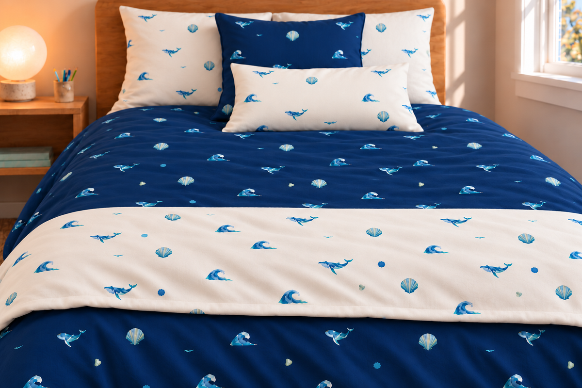 Seaglass Shore Twin Cotton Duvet Cover, product view in the collection room.