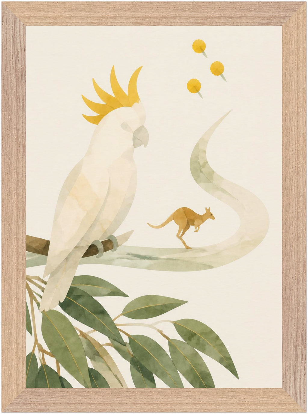 Bush Picnic Cockatoo and Kangaroo, Size: A4, Frame colour: Wood; supplier product preview.